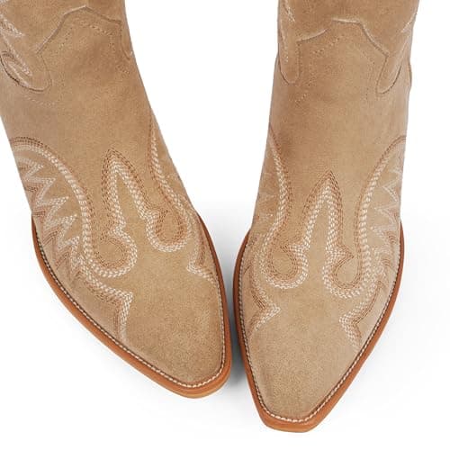 Easyfox Suede Cowboy Boots for Women Knee High Camel Cowgirl Boots Square Toe Chunky Heel Embroidery Vintage Western Boots Womens Size 9.5 - Thumbnail 2