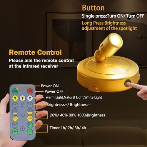 FFKWLTONG Rechargeable LED Spotlights Indoor Plant Grow Lights Picture Lights 180° Adjustable Wall Mounted Display Lamp for Plants/Artwork/Figures/Bookshelf Ambience Lighting-Gold - Thumbnail 4