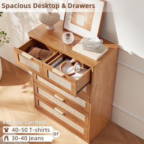LEYAOYAO Rattan Dresser for Bedroom, 41" Tall Chest of Drawers, Modern 6 Drawers Boho Dressers with Storage, Vintage Brown Dresser Wooden Closet Organizer for Living Room, Hallway - Thumbnail 3