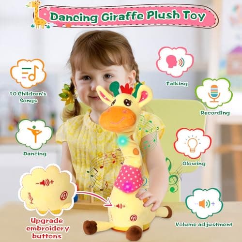 MIAODAM Dancing Giraffe Toy Stuffed Plush, Musical Baby Toys Singing 10 Children's Song Repeats What You Say, Cute Interactive Talking Giraffe Gift for Baby and Kids 1-3 Years Old - Thumbnail 4