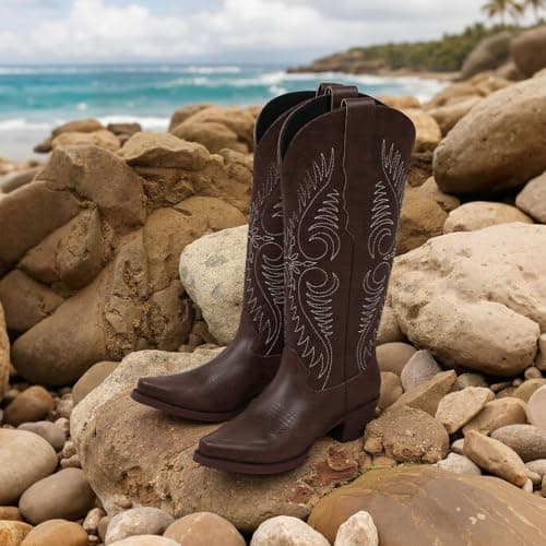 Erocalli Fashion Cowboy Boots for Women Knee High Embroidered Western Cowgirl Boots 2026 Spring - Wide Calf, Snip Toe, Pull On, Long Boot, Low Heel, Rodeo, Festival Ready, Country Style - Thumbnail 6