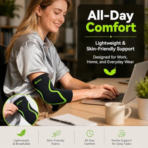 Elbow Brace Support with Gel Pads Breathable Elbow Compression Sleeve for Men & Women 4D Knit Elbow Sleeve for Golfer's, Tennis Elbow, Tendonitis, Reduce Joint Pain During Any Activity(Black, Large) - Thumbnail 6