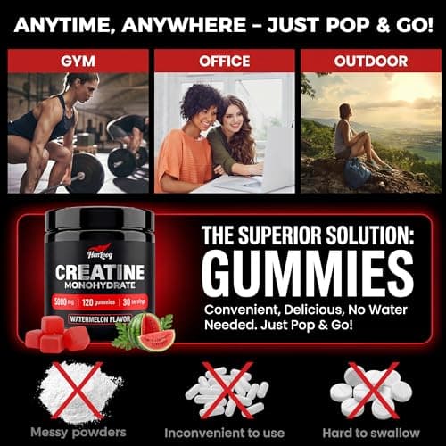 Hen Loog Creatine Gummies for Women & Men, NSF Certified 5000mg Creatine Monohydrate Gummies, Sugar Free Vegan Pre-Workout Supplement for Muscle Strength & Recovery, 120 Count - Watermelon - Thumbnail 5