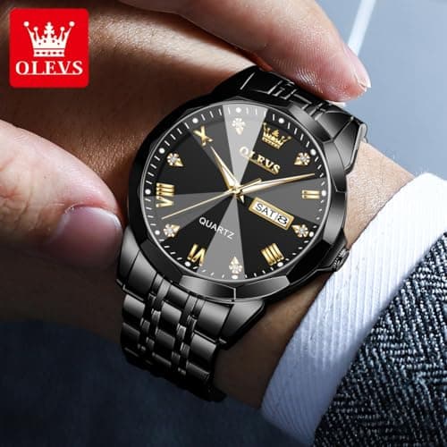 OLEVS Watch Mens Black Watches for Men Diamnond Dial Luxury Stainless Steel Watch for Men All Black Reloj - Thumbnail 3