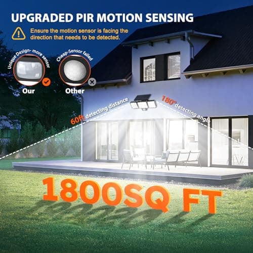 WdtPro Solar Lights Outdoor Flood Light, 3500LM Bright Motion Sensor Outdoor Lights, 3 Heads & Upgrade Glass Panel, LED Solar Powered Security Light Spotlights Waterproof for Outside Yard-2Pack - Thumbnail 4