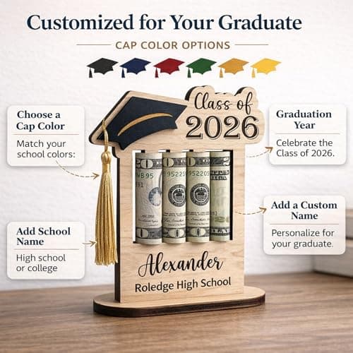 Personalized Graduation Gifts Class of 2026 Money Holder - Custom Name & School Graduation Money Gift Holder for Him Her, Senior Wooden Cash Display Standing Scroll Holder, Unique Graduate Keepsake - Thumbnail 3