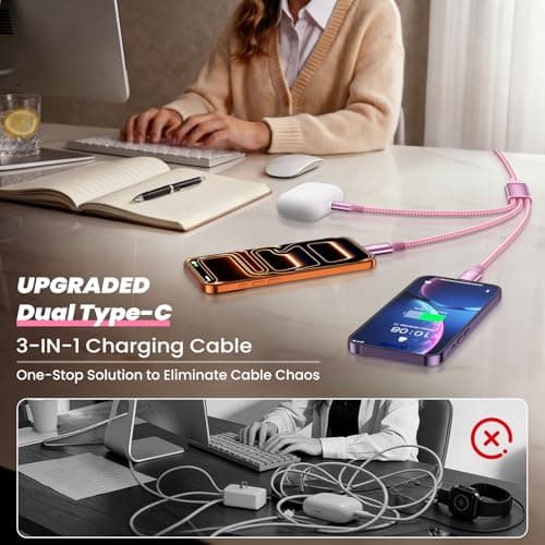 3 in 1 Multi Charging Cable with 2Type-C+ 1IP Ports, Pink USB C Splitter Multi Charging Cables for Multiple Devices, Travel Car Charger Cord for iPhone17-12, Android Tablet Pad and More (2Packs, 4FT) - Thumbnail 2