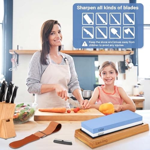 Leking Professional Knife Sharpener & Sharpening Stone Set: 1000/6000 Grit Dual-Sided Whetstone(7"x2.4"x1.2") with Bamboo Base, Non-Slip Silicone Holder, Angle Guide & Leather Strop Kit - Thumbnail 4