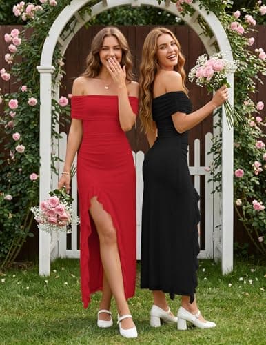 Zelroxa Women Sexy Off Shoulder Maxi Long Dresses Mesh Ruched Bodycon Asymmetrical Cocktail Wedding Birthday Party Graduation Banquet Gala Winery Ruffle Formal Evening Gown Vestido Red - Thumbnail 3