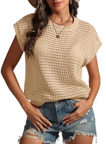 ATHMILE Womens Spring Tops Summer Shirts Beach Vacation Crochet Cap Sleeve Knit Sweater Pullover Cute Fashion Clothes Khaki - Image 1