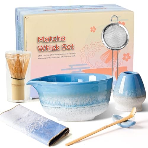 GBBG Matcha Whisk Set, Ceramic Matcha Kit Desert Style, Matcha Whisk and Bowl, Bamboo Scoop and Rest, Sifter and Tea Towel, 7 Pcs Gifts for Matcha Lover - Light Blue