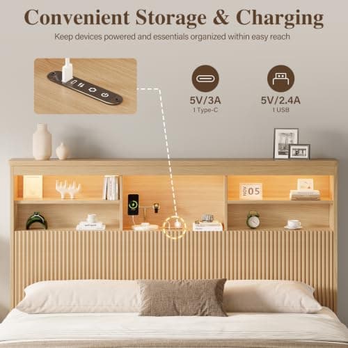 Uteeran King Size Bed Frame and Tall Headboard & Storage, Metal Platform Bed Frame with 4 Storage Drawers, King Bed Frame with LED Lights & Charging Ports, No Box Spring Needed, Noise-Free, Natural - Thumbnail 5