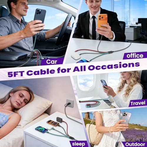 Travel 4 in 2 Multi Charging Cable, USB A/C Charging cords with Dual Lightning/Type-C/Micro USB, Universal iPhone Charger Cord for iPhone Series/Androids/Tablets, Multi Charger Cable (2Pack, 5FT) - Thumbnail 3