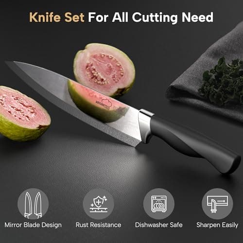 Knife Set, Amorston 14-Piece Kitchen Knives Set with Block & Sharpening Stone, Stainless Steel Dishwasher Safe, Knife Block Set with Ergonomic Handle, Professional Kitchen Knives for Home Cooking - Thumbnail 3