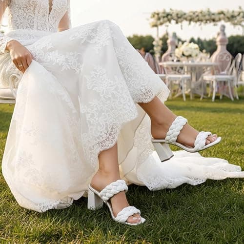 Athlefit White Braided Heeled Sandals for Women Fashion Square Open Toe Comfortable Slip on Block Heels Size 5.5 - Thumbnail 2