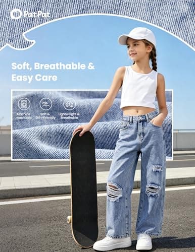 PATPAT Baggy Girls Jeans Wide Leg Denim Pants Ripped High Waist Elastic Y2K Trendy Jeans for Teens with Pockets Light Blue 13-14Y - Thumbnail 4