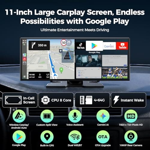 LAMTTO 11'' AI CarPlay Screen with Google-Play Download APPs & Gemini, Smooth 8-Core, Wireless Car Play Android Auto, Vivid 60FPS 1920x720 Display, 1080P Backup Camera/DVR for Road Trip Entertainment - Thumbnail 2