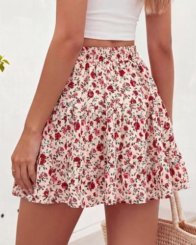 BTFBM Summer Skirts for Women 2026 Floral High Waist Shorts Underneath Boho Tiered Flowy Tennis Skorts Casual Mini Skirt(Floral Apricot Red, Small) - Thumbnail 3