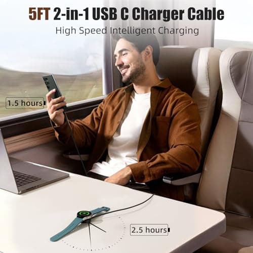 Comvin Compatible with 2 in 1 Samsung Watch Charger,5FT 25W Dual Port Wall Charger Fast Charging Block for Galaxy Watch 8/8 Classic/7/6/6 Classic/5 Pro/5/4/4 Classic/3/Active2/1,Galaxy S25 Note/Z Fold - Thumbnail 2