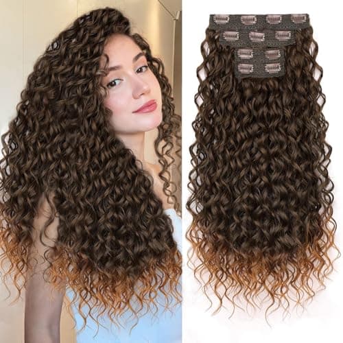 PHADRIA Curly Clip in Hair Extensions,4PCS 20 Inch Hair Extensions long Soft Natural Hairpiece Lace Weft Curly Wave Clip Ins Extensions Invisible for Women(Chocolate Brown with Lighter Ends) - Image 1