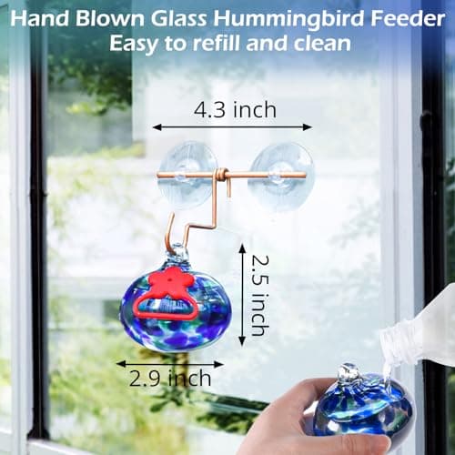 Pozfun Window Hummingbird Feeder with Suction Cups,Hand-Blown Glass Hummingbird Feeders for Outdoors Window Mounted with Metal Hook,Close Bird Watching,Finch in Garden,Yard(Dotted Blue) - Thumbnail 3