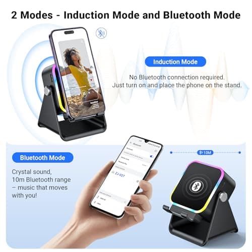 Induction Speaker with Phone Stand 5 in 1 Wireless Induction Bluetooth Audio for iPhone Android Phone Speakers Amplifier with Rechargeable Colorful Light, Birthday Gifts for Men Women Teens (Black) - Thumbnail 3