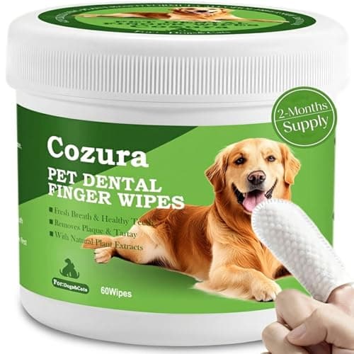 Cozura Dog Dental Wipes for Teeth Cleaning - Removes Plaque & Tartar, Effective Toothbrush & Toothpaste Alternative Kit Finger Pet Dental Care Pads, Fresh Breath for Dogs & Cats - 60ct, Unscented