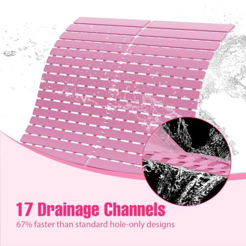 Shower Mat Non-Slip Bath Mat for Tub and Shower Stall,236 Suction Cups with Drain Holes, Quick Dry Machine Washable, Extra Grip for Stand Up Showers, Bathroom Essentials 24x24 Inch (Pink) - Thumbnail 6