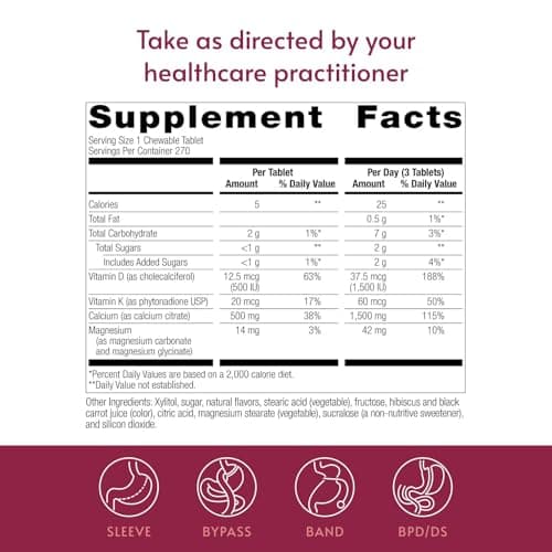 Bariatric Advantage Calcium Citrate Chewable 500mg with Vitamin D3 for Bariatric Surgery Patients Including Gastric Bypass and Sleeve Gastrectomy, Low Sugar - Wild Cherry Flavor, 270 Count - Thumbnail 4