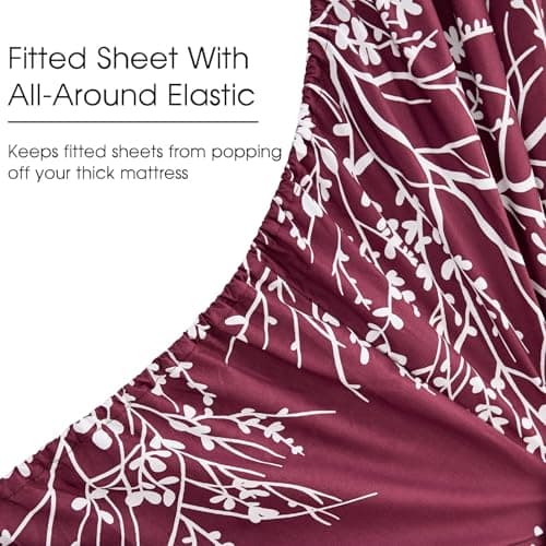 Spirit Linen home Queen Size Bed Sheets - Pure Microfiber 4 Piece Polyester Bed Sheets, Fitted Sheet & Pillow Cases - Queen Sheets for All Seasons (Foliage Burgundy/White, Queen) - Thumbnail 3