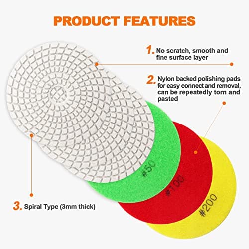 BRSCHNITT Wet Diamond Polishing Pad ,6pcs 4 inch (2 x #50,#100,#200),for Granite Stone Marble Sanding used on Grinder or Polisher, with Hook & Loop 5/8-11 Plastic Backing Holder Pads - Thumbnail 5