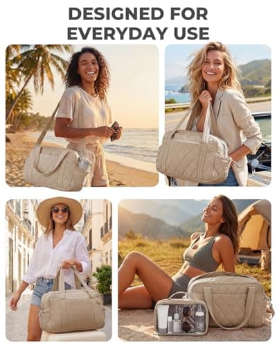 Percover Gym Bag for Women, Lightweight Quilted Travel Duffle Bag & Weekend Bag, Carry On Gym Duffle with Organized Compartments for Yoga & Short Trips, Camel - Thumbnail 5