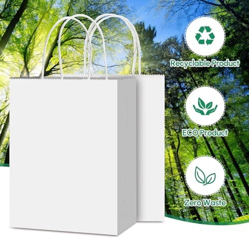 Qioxiou 60 Pack White Gift Bags 8.27x4.33x10.63 Medium Kraft Paper Gift Bags with Handles Bulk, White Paper Sacks for Wedding Birthday Party Favor, Retail, Merchandise, Grocery, Shopping, Business - Thumbnail 4