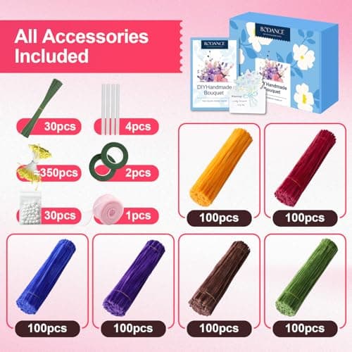 BODANCE 600Pcs DIY Pipe Cleaner Flower Bouquet Kit with Gift Box, Pastel Chenille Stems Craft Bulk for Kids & Adults, Floral Tape Stems Included, Handmade Forever Flowers Art Craft Supplies (Drak) - Thumbnail 3