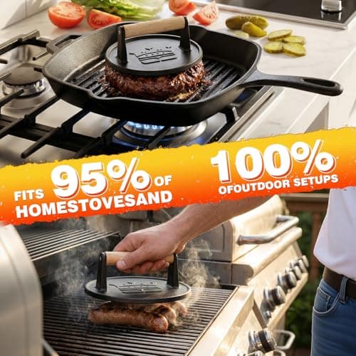 Basinel Smash Burger Press 6.5”, Cast Iron Flat Round Edge Grill/Bacon/Meat/Hamburger/Chef Press with Wood Handle, 1.74lb Hamburger Press Patty Maker, Nonstick Burger Smasher for Blackstone Griddle - Thumbnail 6