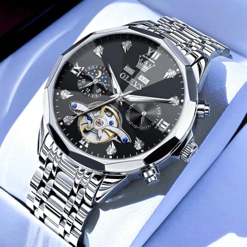 OLEVS Mens Watches Black Automatic Waterproof Watch for Men Luxury Dress Silver Stainless Steel Self Winding Men's Wrist Watches Mechanical Fashion Big Face Diamond Mens Watch Relojes para Hombres - Thumbnail 5