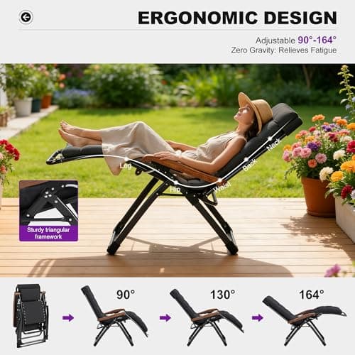 PURPLE LEAF Extra Wide Outdoor Reclining Chair Patio Zero Gravity Chaise Lounge Folding Chair with Removable Cushion Adjustable Headrest for Lawn Camping Beach Pool Black - Thumbnail 4