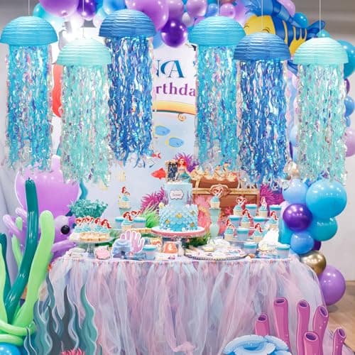 Under The Sea Party Decorations,Jellyfish Paper Lanterns with Hooks and Rope,10in Hanging Jelly Fish for Mermaid Birthday,Baby Shower,Ocean Themed Party,Ocean Theme Classroom,Beach Room Decor - Thumbnail 6