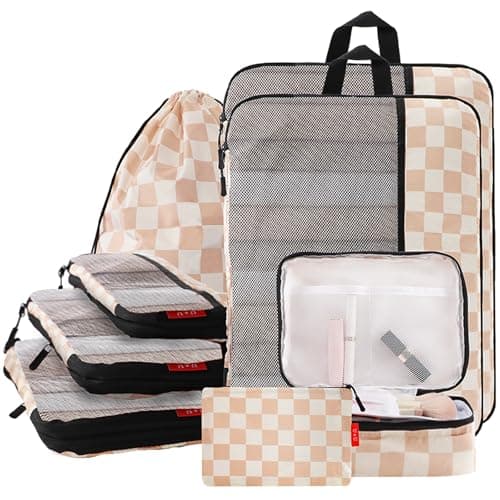 U+U 8 Set Compression Packing Cubes - Ultralight Travel Organizers with Laundry Bag and Cosmetic Bag, Space-Saving Suitcase Organizer for Travel, Business Trip and Family Vacation (Khaki Checkered)