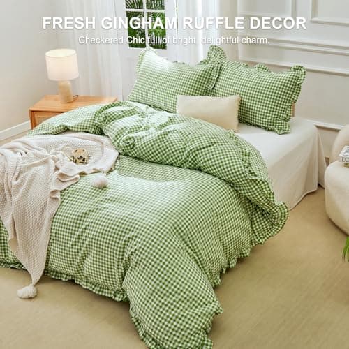 Yuncojin Ruffle Gingham Duvet Cover King Size Green/White,100% Cotton,Shabby Chic Checkered Plaid Comforter Cover Set,3-Piece Vintage Bedding,104"×90" - Thumbnail 2