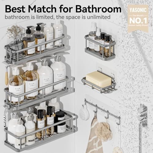 YASONIC Shower Caddy, 6 Pack Large Capacity shower Organizer with Soap Holder and 12 Hooks, Rustproof Shower Shelves for Inside Shower, No Drilling&Sleek Bathroom Organizers and Storage Grey - Thumbnail 2