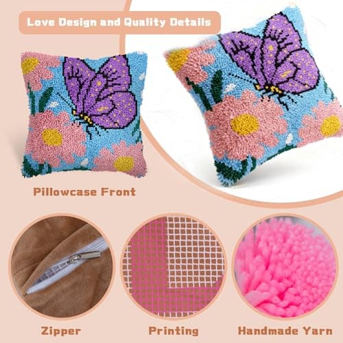Miaceito Butterfly Flower Latch Hook Pillow Kit for Adults Beginners, Pre-Printed DIY Craft Set with Wooden Hook, 17x17 Inch Home Decor - Thumbnail 4