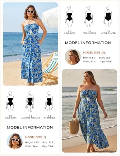 GRACE KARIN Summer Maxi Dresses for Women 2026 Floral Strapless Tube Top Boho Dress Flowy Beach Vacation Clothes with Pockets Blue Yellow XL - Thumbnail 5