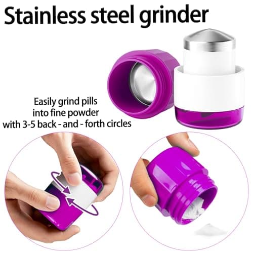 Pill Cutter Splitter for Small and Tiny Pills Vitamins Tablets, Built-in Storage Compartment, Pill Crusher Fine Powder with Stainless Steel Grinding Head,Pills Grinder with Pill Box Organizer (Purple) - Thumbnail 5