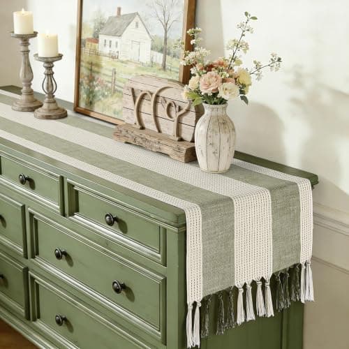 yuboo Sage Green Table Runner 72 Inches, Cotton Linen Farmhouse Dresser Runners for Bedroom, Rustic Woven Boho Coffee Table Decor with Tassels for Dining Room, Kitchen, Spring Holiday Party - Thumbnail 4