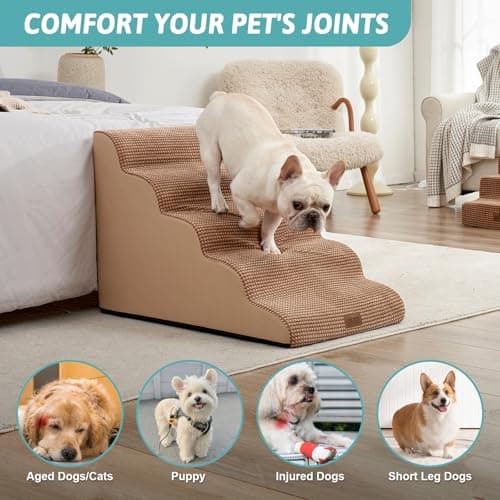 COZY KISS Extra Wide Dog Stairs 19.7" Width, Pet Step for Small/Medium/Large Dog, Puppy or Cat, Pet Ramp for High Bed or Car, High Density Foam Ladder, 19.7x33x22.4 in, Stable, 5 Step, Light Brown - Thumbnail 5