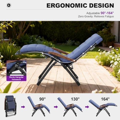 PURPLE LEAF Outdoor Reclining Chair Set of 2 Patio Zero Gravity Chaise Lounge Folding Chair with Removable Cushion Adjustable Headrest for Lawn Camping Beach Pool Navy Blue - Thumbnail 4