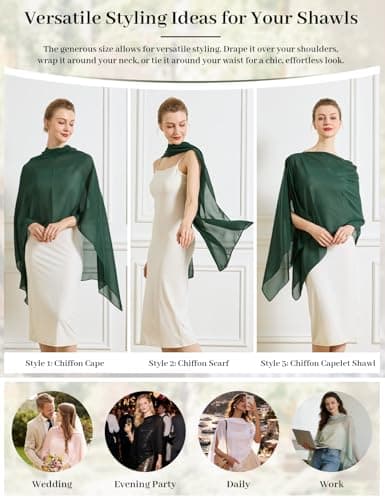 BEAUZSUZSANA Chiffon Cape Shawls for Evening Dress Soft Elegant Sheer Wraps Perfect for Weddings Parties (Hunter Green) - Thumbnail 5