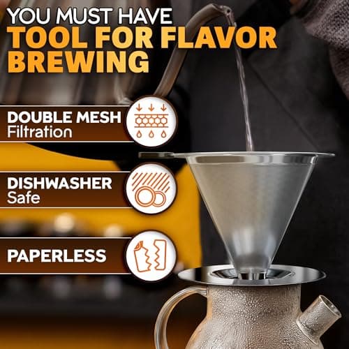 Pour Over Coffee Dripper - 3.18x4.48" Stainless Steel Pour Over Coffee Maker with Large Plastic Handle, Wide Secure Base and a Brush for Cleaning - Ensures Well-Balanced and Reach Tea Infuser - Thumbnail 4