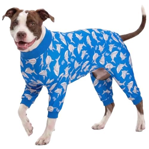 LovinPet Large Dog Pjs, UV Protection, Pet Anxiety Relief Onesies, Lightweight Stretchy, Blue Shark Print, Undershirt for Dog Sweaters and Coats, Large Breed Husky Pajamas, Pet PJ's/L
